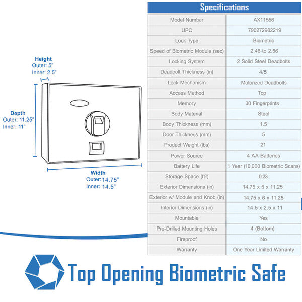 Barska AX11556 Top Opening Biometric Safe specifications