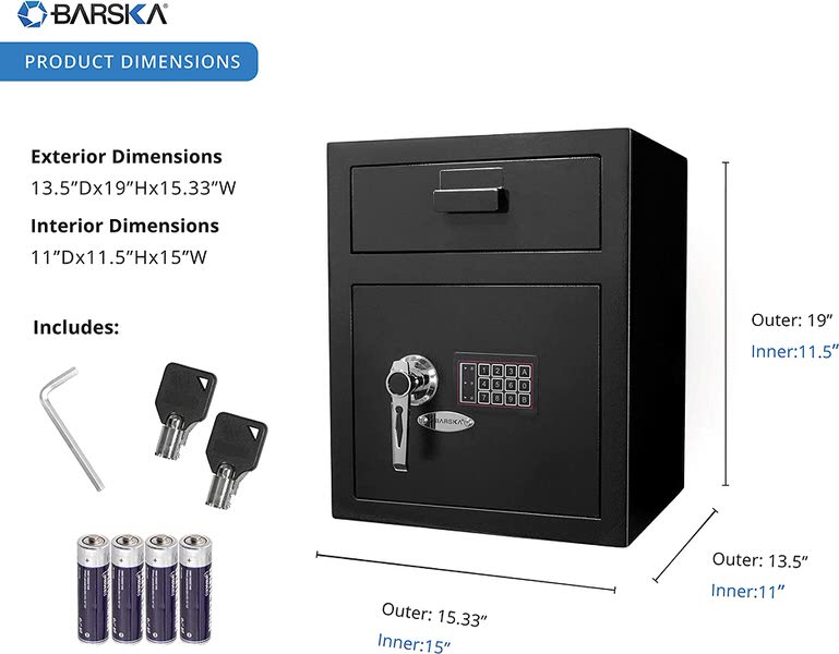 Barska AX11930 Keypad Depository Safe dimensions and accessories