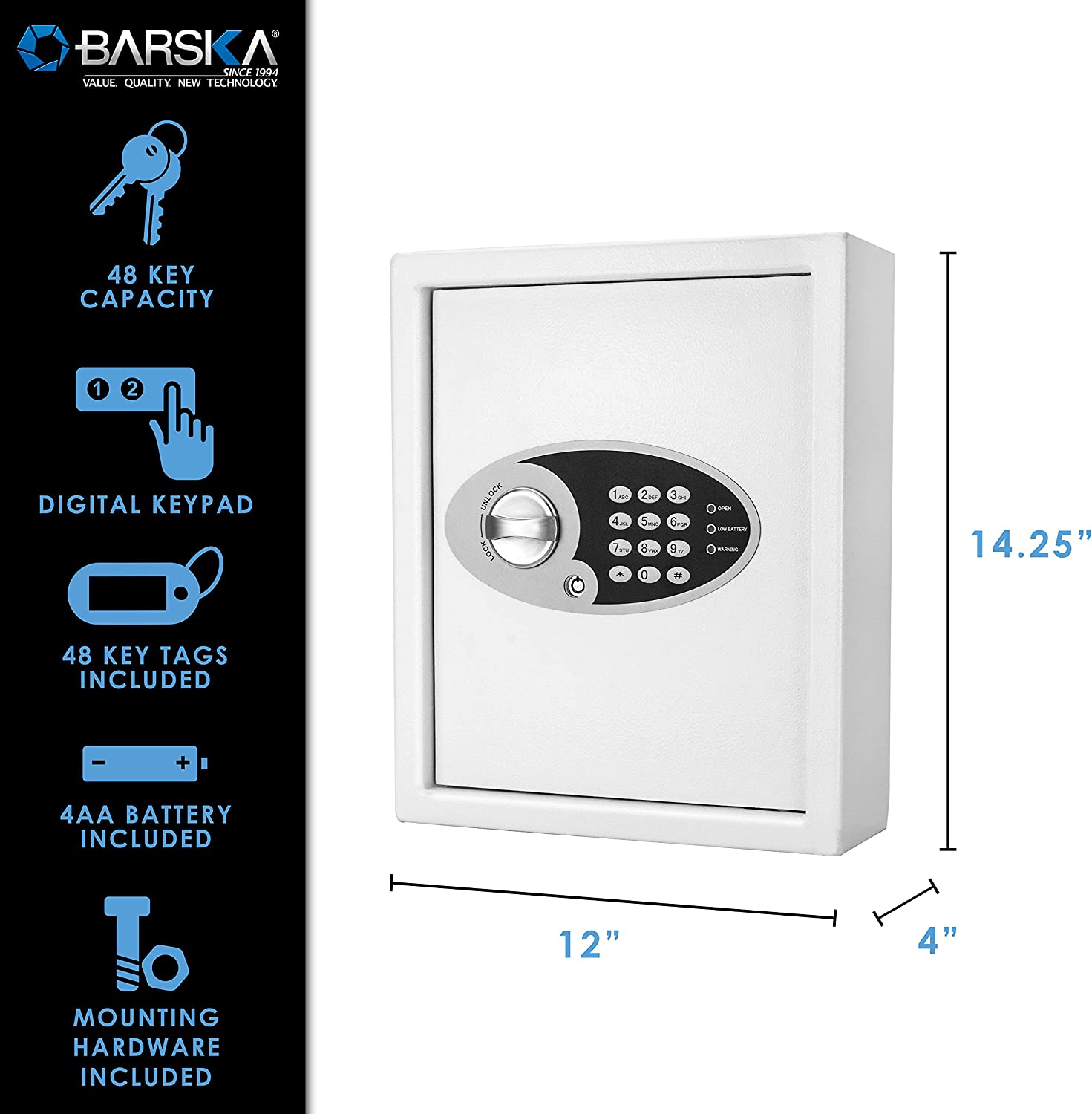 Barska AX12658 48 Keys Keypad Wall Key Safe features and dimensions